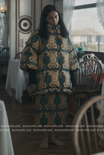 Pam’s green tiger print jacket and skirt on Killing Eve