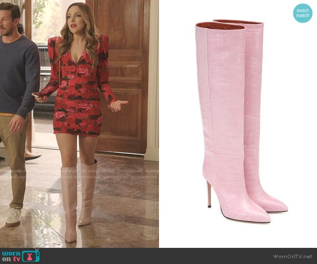 Paris Texas Croc-Effect Leather Knee-High Boots worn by Fallon Carrington (Elizabeth Gillies) on Dynasty