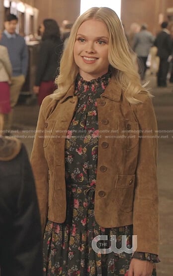 Patty’s black floral dress and brown suede jacket on Dynasty