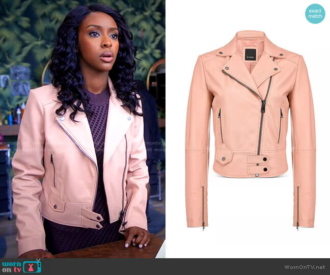 Pinko Sensible Leather Biker Jacket worn by Karen Mott (Ebony Obsidian) on Tyler Perrys Sistas