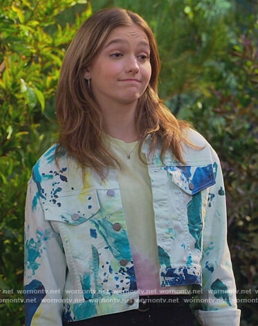 Presley’s paint splatter denim jacket on Side Hustle