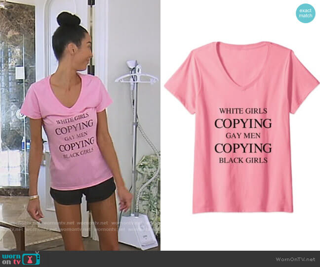 Gay Fun Shirts White Girls Copying Gay Men Print Tee worn by Noella Bergener on The Real Housewives of Orange County