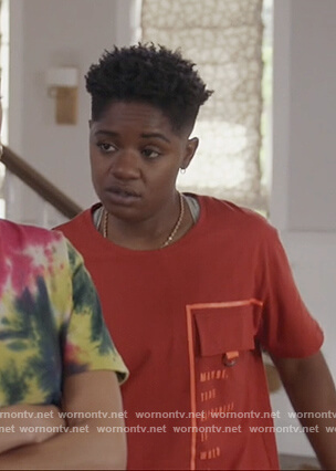 Tamia’s orange pocket tee on All American