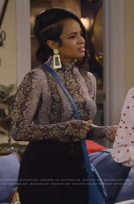 Randi’s snake print mesh turtleneck top on Call Me Kat