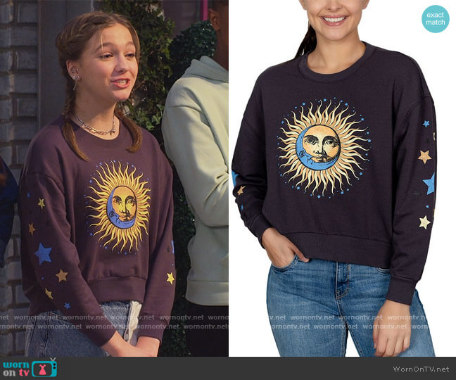 Rebellious One Celestial Graphic-Print Sweatshirt worn by Presley (Jayden Bartels) on Side Hustle
