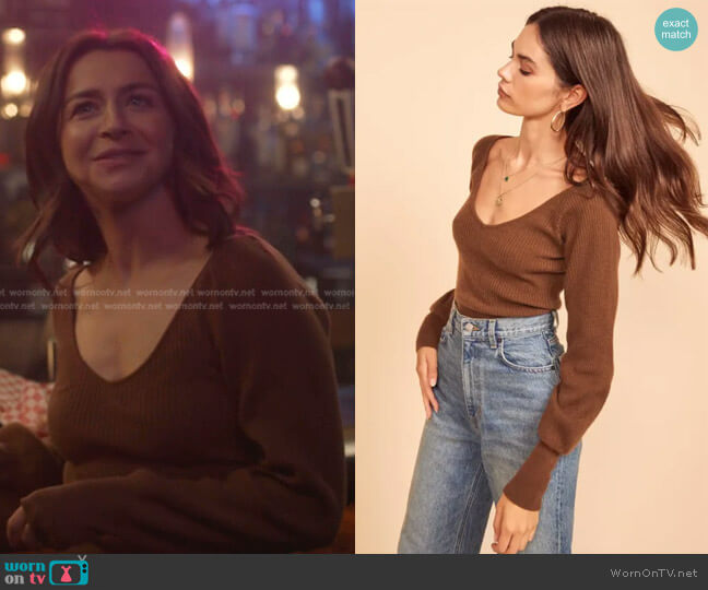 Reformation Hart Cashmere Sweater worn by Amelia Shepherd (Caterina Scorsone) on Greys Anatomy