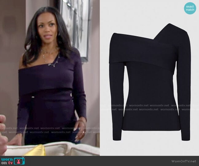 Reiss Eliah Top in Navy worn by Amanda Sinclair (Mishael Morgan) on The Young and the Restless