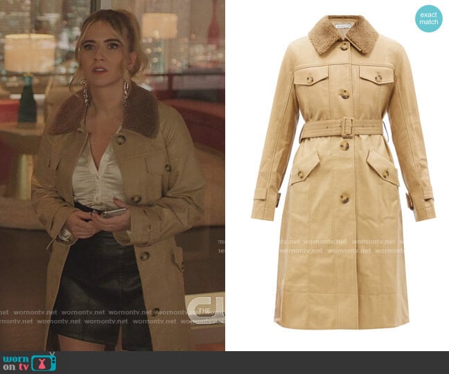 Rejina Pyo Hana belted faux-leather coat worn by Amanda Carrington (Eliza Bennett) on Dynasty