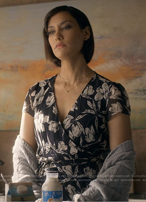 Ren’s navy floral midi dress on Big Sky