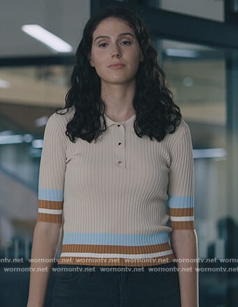 Rian’s beige stripe ribbed polo on Billions