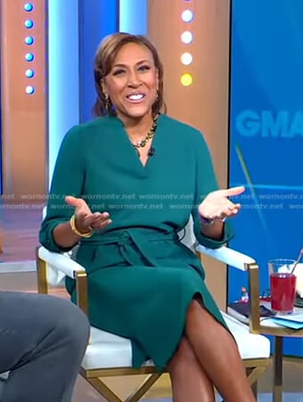 Robin’s green v-neck belted dress on Good Morning America