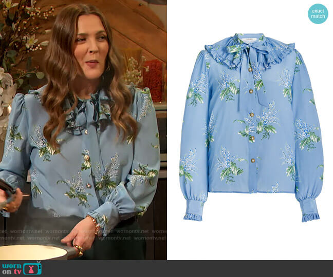 Rodarte Blue Floral Silk Ruffled Blouse worn by Drew Barrymore on The Drew Barrymore Show