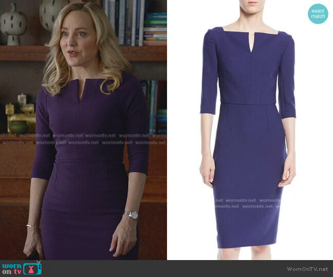 Roland Mouret Elbow-Sleeve Split-Neck Crepe Sheath Dress worn by Marissa Morgan (Geneva Carr) on Bull