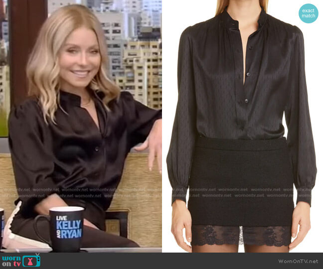 Saint Laurent Monogram Silk Jacquard Blouse worn by Kelly Ripa on Live with Kelly and Mark