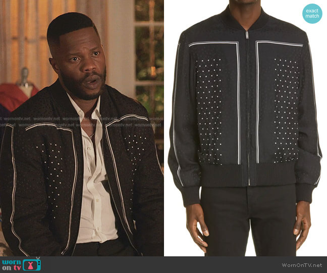 Saint Laurent Stripe & Dot Silk Bomber Jacket worn by Jeff Colby (Sam Adegoke) on Dynasty