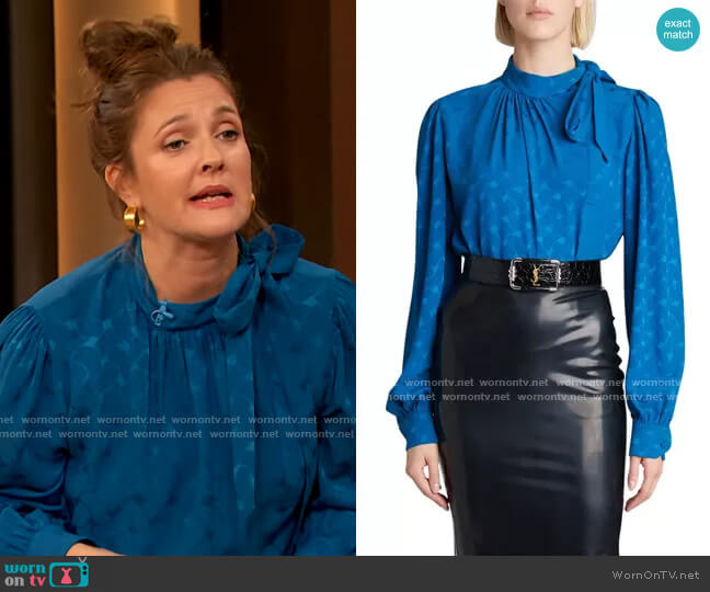 Saint Laurent Silk Jacquard Tie-Neck Blouse worn by Drew Barrymore on The Drew Barrymore Show
