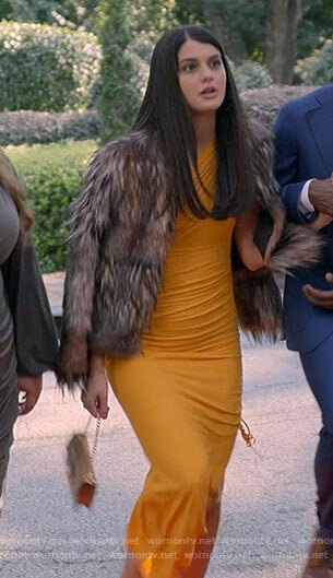 Sam’s orange one-shoulder dress and fur jacket on Single Drunk Female