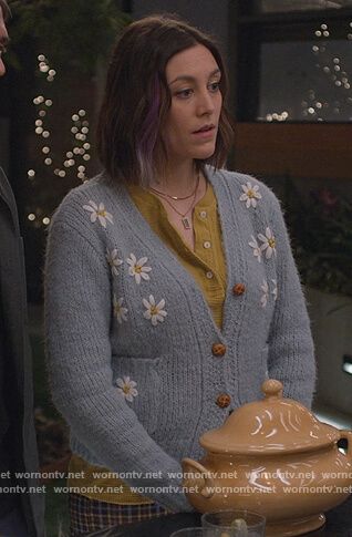 Sarah’s blue daisy embroidered cardigan on Home Economics