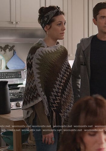 Sarah’s gray geometric print cape on Home Economics on Home Economics