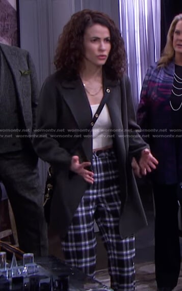 Sarah’s white cropped knit top and black plaid pants on Days of our Lives