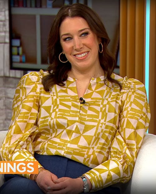 Sarah Gelman’s geometric print blouse on CBS Mornings