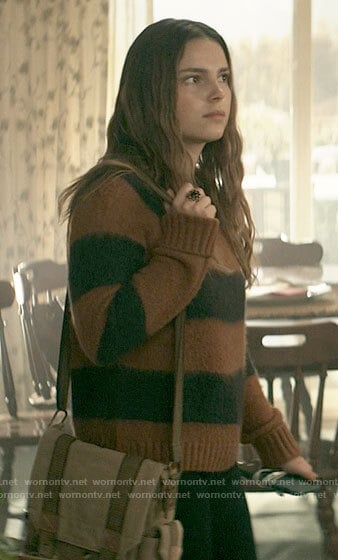 Sarah’s tan and navy striped sweater on Superman and Lois