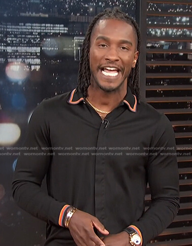 Scott’s black striped trim shirt on Access Hollywood