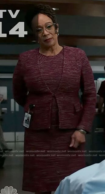 Sharon’s purple knit jacket and dress set on Chicago Med