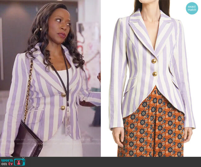 Smythe Awning Stripe Equestrian Cotton Blend Blazer worn by Vanessa King (Karen Leblanc) on The Kings of Napa