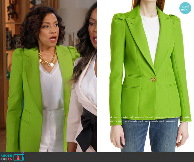 Smythe Box Pleat Puff Sleeve Blazer worn by Melanie Pierce (Devika Parikh) on The Kings of Napa