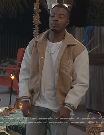 Spencer’s beige colorblock varsity jacket on All American