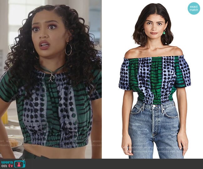 Studio 189 Hand Batik Off Shoulder Cropped Top worn by Olivia Baker (Samantha Logan) on All American