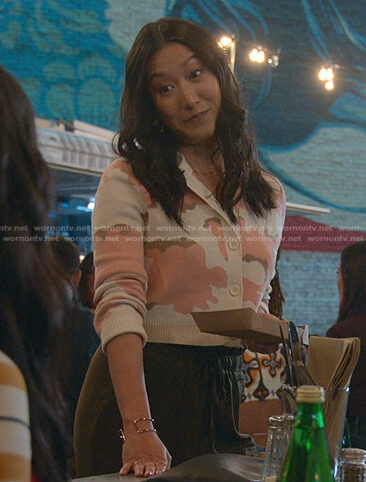 Sumi’s pink camo cropped cardigan on Good Trouble