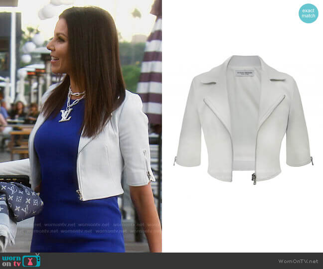 Susan Bender NY Short Sleeve Cropped Moto Jacket in White Leather worn by Heather Dubrow on The Real Housewives of Orange County