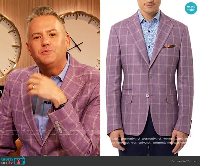Tallia Slim-Fit Lavender Windowpane Linen Sport Coat worn by Ross Mathews on The Drew Barrymore Show