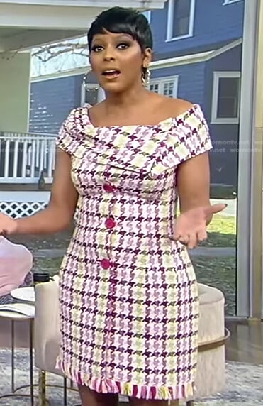 Tamron’s houndstooth tweed dress on Tamron Hall Show