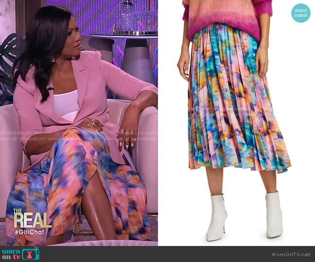 Tanya Taylor Primrose Pleated Printed Skirt worn by Garcelle Beauvais on The Real