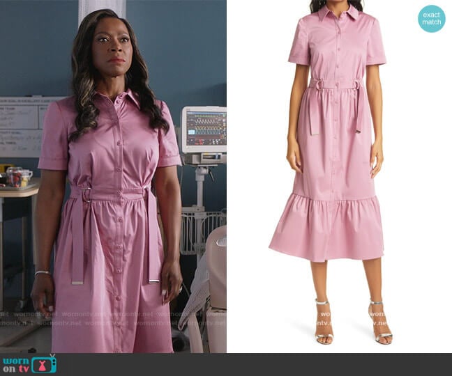 Ted Baker Ruffle Hem Stretch Cotton Shirtdress worn by Vanessa King (Karen Leblanc) on The Kings of Napa