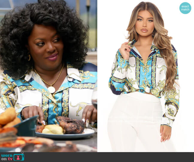 Fashion Nova The Lavish Lifestyle Satin Shirt worn by Yvette King (Heather Alicia Simms) on The Kings of Napa