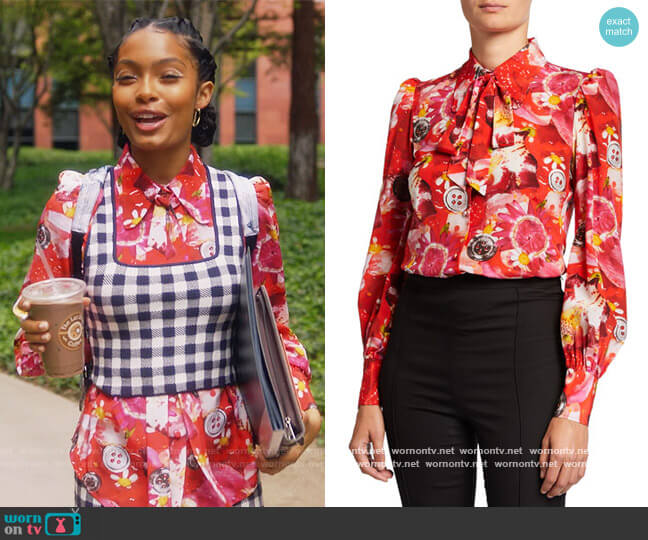 Marc Jacobs x Maisie Cousins Printed Silk Tie-Neck Blouse worn by Zoey Johnson (Yara Shahidi) on Grown-ish
