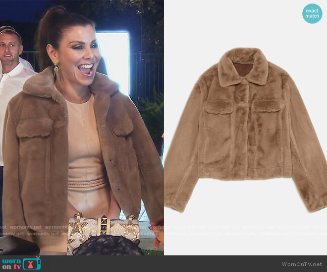 Theory Trucker Jacket in Faux Fur worn by Heather Dubrow on The Real Housewives of Orange County
