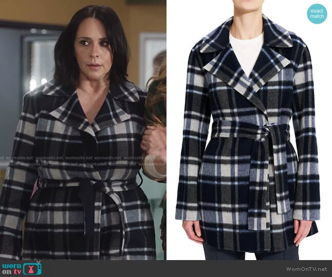 Theory Wool-Blend Plaid Belted Coat worn by Maddie Kendall (Jennifer Love Hewitt) on 9-1-1