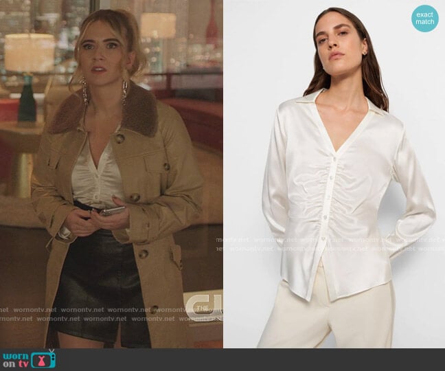 Theory Ruched Button Up Shirt in Silk worn by Amanda Carrington (Eliza Bennett) on Dynasty