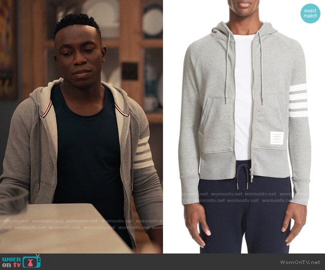 Thom Browne Classic 4-Bar Zip Cotton Hoodie worn by Carlton Banks (Olly Sholotan) on Bel-Air