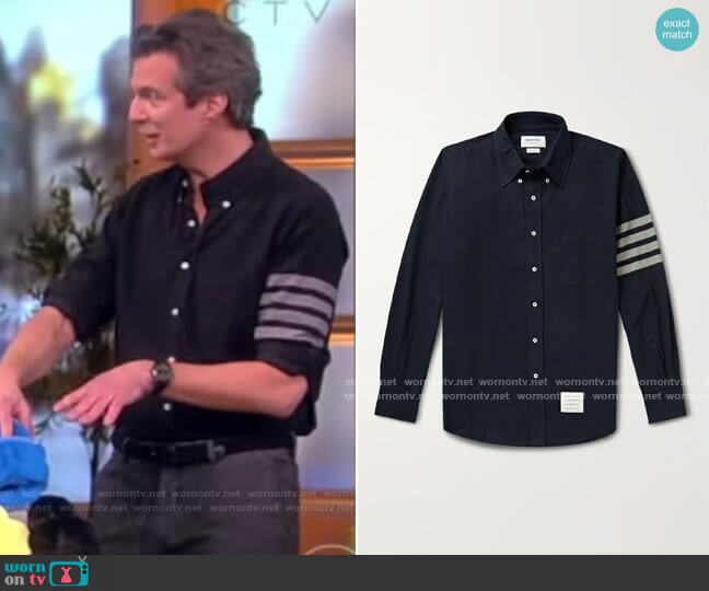 Thom Browne Button-Down Collar Striped Cotton-Flannel Shirt
