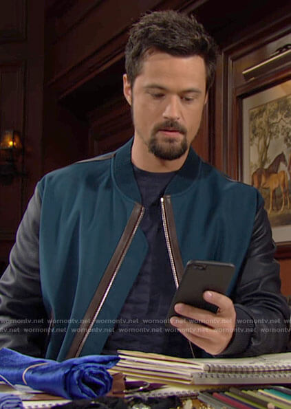 Thomas’s teal bomber jacket with leather sleeves on The Bold and the Beautiful