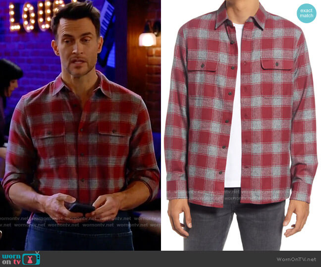 Treasure & Bond Trim Grindle Plaid Cotton Button-Up Shirt in Grey Heather / Red Plaid worn by Max (Cheyenne Jackson) on Call Me Kat