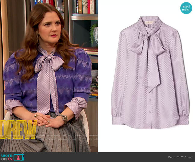 Tory Burch Textured Bow Blouse worn by Drew Barrymore on The Drew Barrymore Show