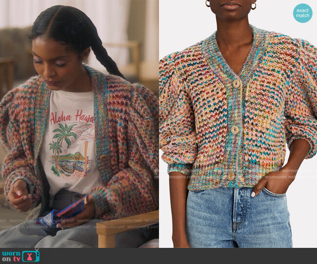 Ulla Johnson Fiora Marled Puff Sleeve Cardigan worn by Zoey Johnson (Yara Shahidi) on Grown-ish