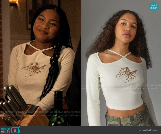 Diamante Flaming Cutout Tee from Urban Outfitters worn by Delilah (Laya DeLeon Hayes) on The Equalizer